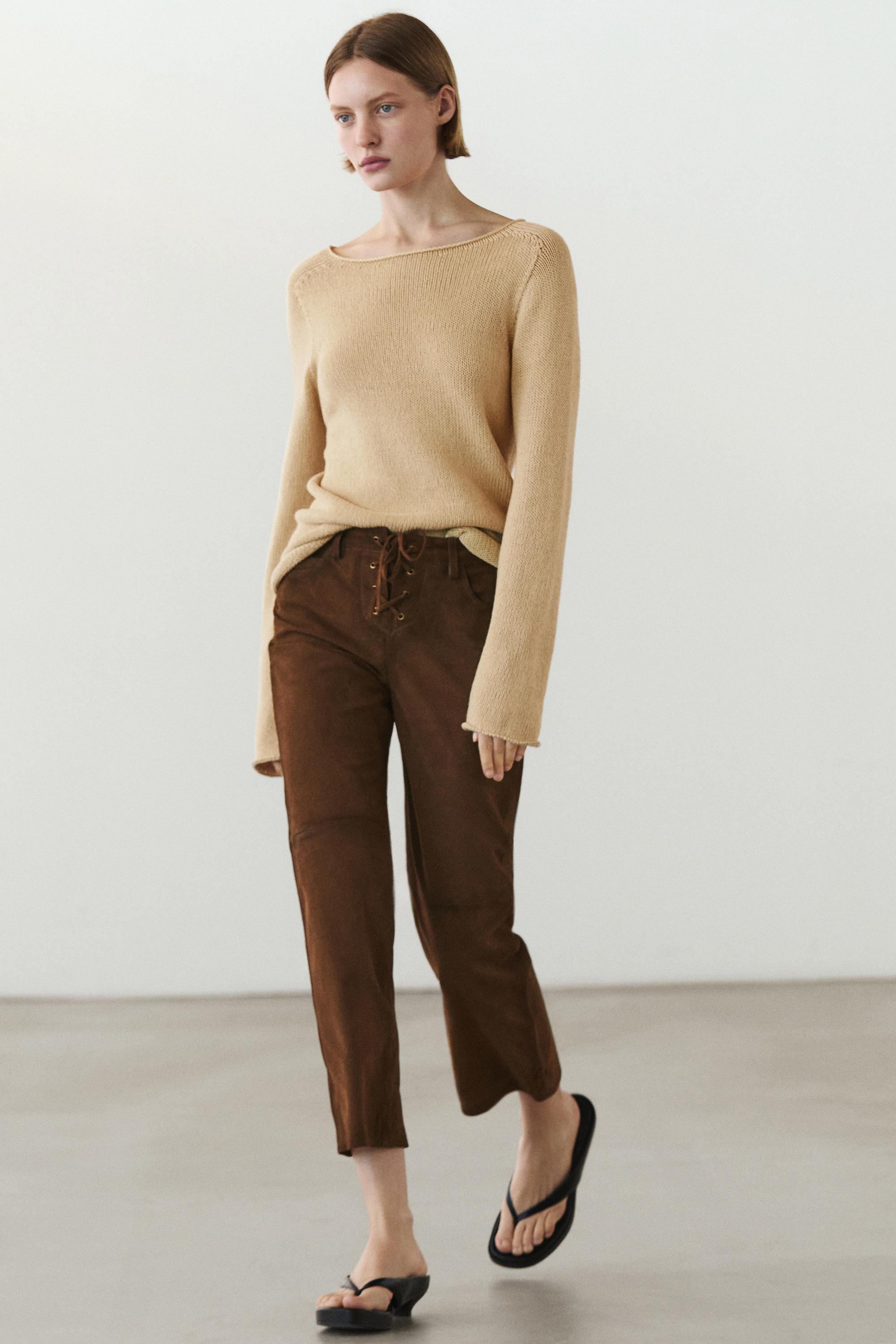 Cropped suede leather trousers with drawstrings